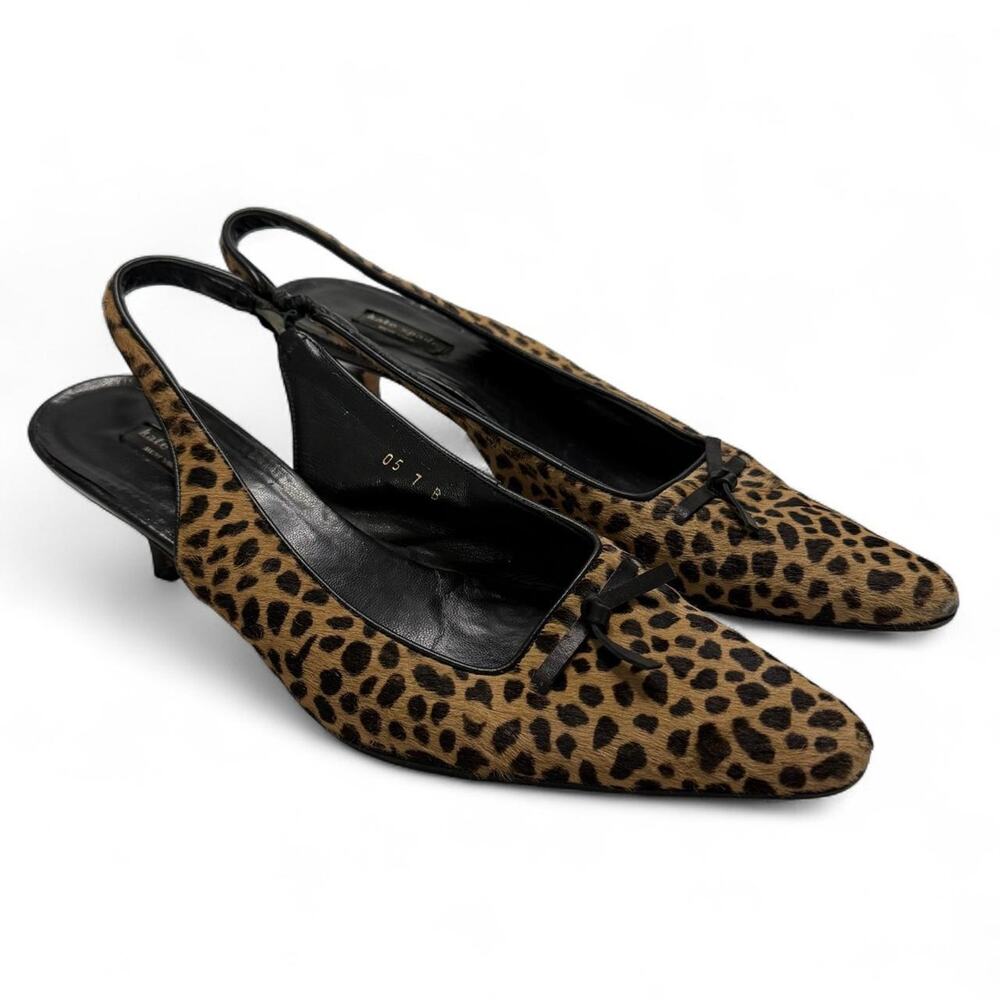 Y2K Leopard print kitten heel  Kate Spade fur slingback pumps bow detail Office